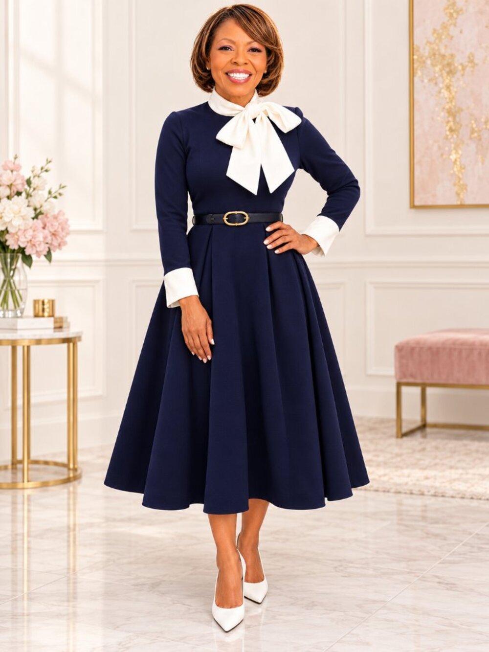 Navy Bow-Neck Belted Pleated A-Line Midi Dress Contrast Cuffs